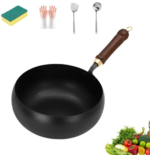 Generico Padella in ferro giapponese, Padella in ferro forgiato, 20/24/26/28/30 cm in ferros ad alta purezza, senza rivestimento con coperchios in legno/coperchio in vetro (Senza coperchio, 26CM)