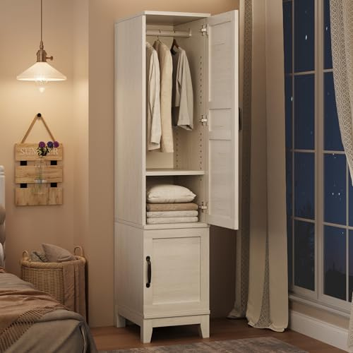 GarveeHome Armoire Wardrobe Closet with 2 Doors,72 in Wooden Wardrobe Cabinet with Hanging Rod, Narrow Tall Clothing Armoire Cabinet with 18 Adjustable Shelves for Bedroom, Clothes, Rustic White