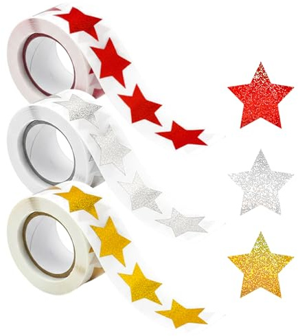 1500 Stück Sterne Aufkleber Glitzer,Belohnung Sticker für Kinder,Selbstklebende Weihnachtsaufkleber für Grußkarten,Scrapbooking,Geschenke,Basteln (3, Silber, Gold, Rot)