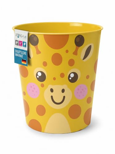 itenga Papierkorb für Kinder mit Tier Motiv - Kawaii Design - rund ca. 11 Liter - Mülleimer fürs Kinderzimmer - stabiler Kunststoff (Giraffe)