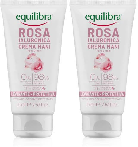Equilibra, Crema Mani, Levigante e Protettiva, 75ml, con Estratto di Rosa Damascena, Acido Ialuronico e Glicerina Vegetale, 98% Origine Naturale, Assorbimento Rapido, Non Unge, Delicatamente Profumata