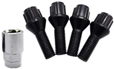 Radbolzen für 1er BMW (E81, E82, E87, E88) – Radsicherungsbolzen, Muttern, Radmuttern + Schlüssel, schwarz, M12x1,5x26 mm