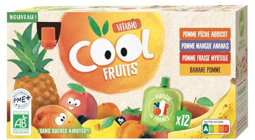 VITABIO - Compote Bio Pomme Banane Mangue Ananas Pêche Abricot Fraise Myrtille - Sans Sucres Ajoutés 100% Fruits - les 12 gourdes de 90g - 1080g - Le Lot De 4