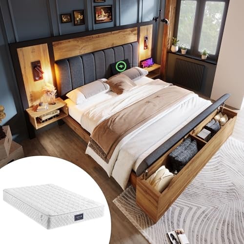 Doppelbett mit Matratze 160×200 cm, Holzbett Bettanlage mit Leselampe & USB C Nachttisch & Sitzbank mit Stauraum, Funktionsbett Stauraumbett Jugendbett Bettgestell mit Lattenrost aus Metall, Eiche
