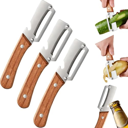 3 Piezas Pelador Verduras Multifunción, Pelador de cocina multifuncional 2 en 1, pelador de verduras de acero inoxidable con abridor de botellas, pelar patatas, zanahorias (3 Piezas)