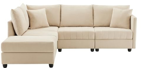 SOFTWEARY Big-Sofa mit Rückenkissen, Zierkissen, Loser Rückenkissen und Zierkissen, 5-Sitzer Sofa, Leinen Bezug (beige)
