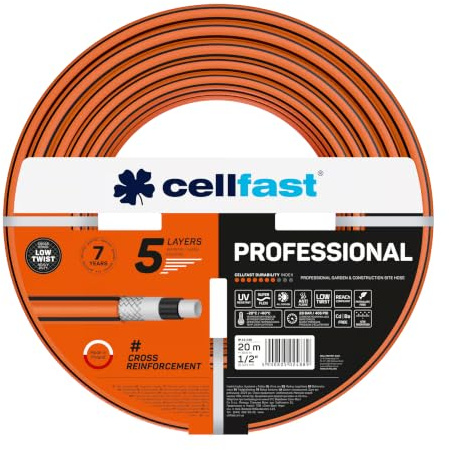 CELLFAST Gartenschlauch 1/2 20 m - 5-lagiger Wasserschlauch mit Kreuzgewebe - 28 bar - UV-beständig - Anti Algae - Strapazierfähig Flexibel - Professional