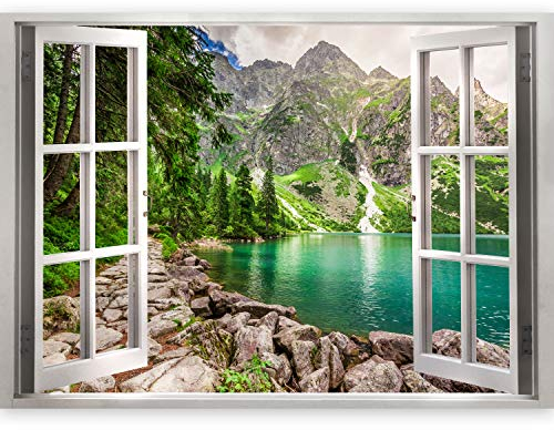 murando 3D WANDILLUSION Wandbild Gebirge See Fototapete Poster XXL Fensterblick Vlies Leinwand Panorama Bilder Dekoration Wald Natur Landschaft 70x50 cm c-B-0209-c-a
