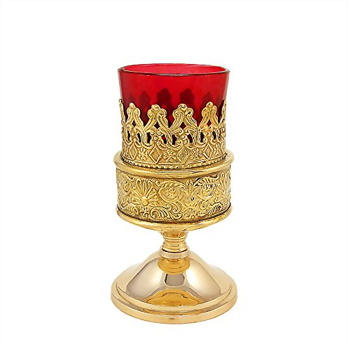 NKlaus Ewiglicht Ritual Windlicht Öllampe h. 13cm Ø 5,5cm Vergoldet Deko Laterne Rot Handarbeit 2970