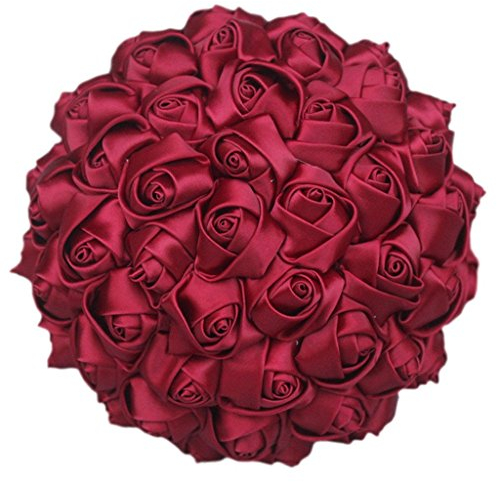 Fouriding Wedding Bouquet da Sposa Nozze Fiore del Nastro Rosso Rose Bouquet da Damigella d'onore 18CM(Vino Rosso)