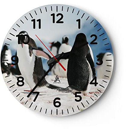 Modern Wanduhr Pinguine Winter Natur Schnee 30x30cm Rund Klein Wand Uhr Glas Analog Zimmeruhren Küche Büro Wohnzimmer Glasuhr Wall Clock Dekoration Design Wanddekoration Küchenuhr C4AR30x30-2974