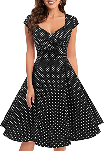 Bbonlinedress Robe Femme de Soirée Cocktail Vintage Femme Chic Courte pour Mariage Invité Gala Fête Témoin Anniversaire Col Carré Black Small White Dot L