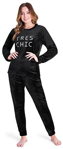 CityComfort Pigiama Donna Invernale Pile a Manica Lunga Pigiamone Felpato Due Pezzi (L, Nero)