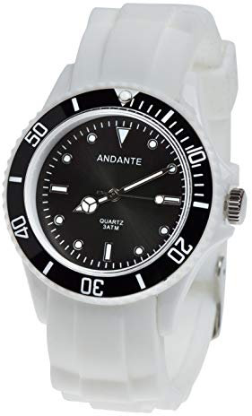Andante Orologio da polso sportivo, impermeabile, unisex, in silicone, al quarzo, 3 ATM, bianco, nero, AS-5004B, modello 2019