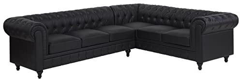 Edles Chesterfield Ecksofa rechtsseitig Kunstleder schwarz Chesterfield
