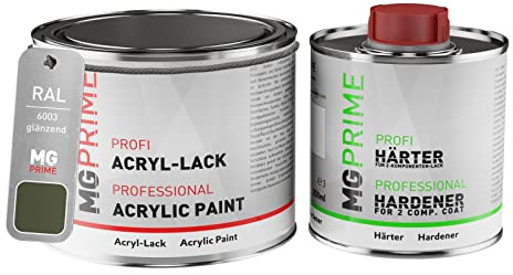 RAL 6003 Vert olive/Olive green Peinture acrylique brillante Pot de 0,75 litre / 750 ml, y compris le durcisseur