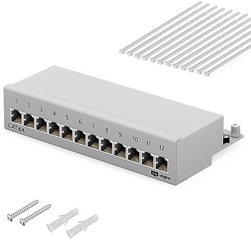 HB-DIGITAL 12-port CAT 6a LSA Patchpanel geschirmt Verteilerfeld Desktop & Wandmontage Patchfeld 12x RJ45 Buchsen für Netzwerk Ethernet LAN Kabel mit Erdungskabel - Hellgrau