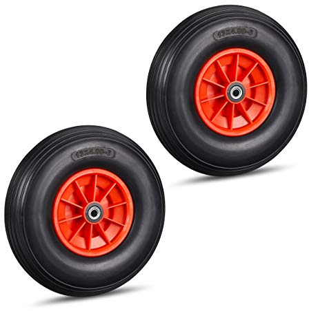 Relaxdays Roue de brouette Caoutchouc 4.00-6, Lot de 2, Rechange axe, increvable, essieu, 3 adaptateurs, 100 kg, Noir-Rouge