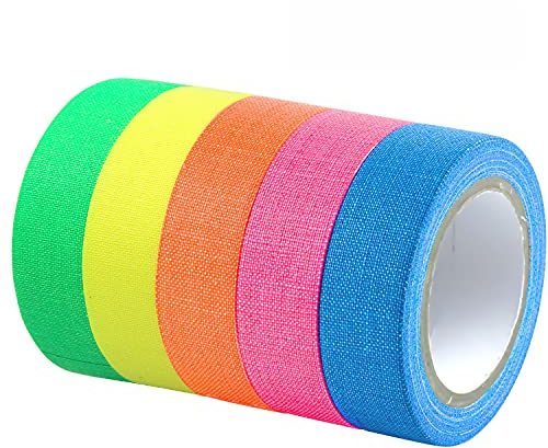 Cintas Adhesivas Fluorescente, 5 rollos Cinta de Tela Fluorescente, Cintas Adhesivas de Cinta de UV neón Gaffer Tape Cinta Luminosa Cintas Fluorescentes para Decoración de Fiestas(12,7 mm x 5 m)
