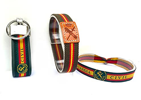 Pulsera de la Guardia Civil con la bandera de España elástica y piel grabada más otra de tela bordada y llavero en piel para hombre y mujer, unisex