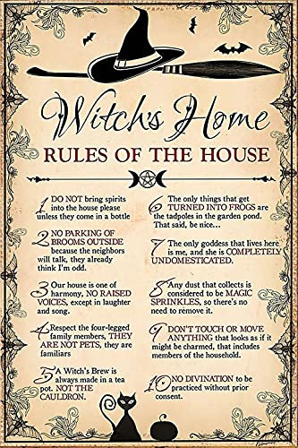 Targa in metallo con scritta Witch Home Rules Of The House Witch Halloween Witch - 20 x 30 cm