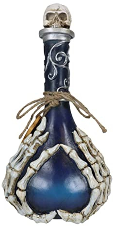 Ebros Gift Wicca Occult Witchcraft Black Magic Inverted Heart Blue 'Drink Me!' Deko Trank Flasche mit Skelett Fingern Silber Scrollwork Bordüren und Totenkopf Topper Halloween Schreibtisch Ornament
