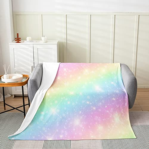 Mädchen Fleecedecke mit goldenen Sternen Regenbogen 150 x 200 cm ganzjährig Kinder Batik Pastell Flanelldecke für Schlafsofa Couch Dekoration Kleinkind glitzernde Galaxie Sternenhimmel Überwurfdecke