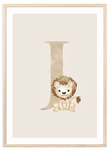 MeinBaby123® Buchstaben Poster DIN A4 Kinderzimmer Mädchen und Junge | Babyzimmer Deko | Bilder Kinderzimmer | Geschenkideen zur Geburt | Geburtsposter | Anfangsbuchstabe Poster J (Löwe - J)