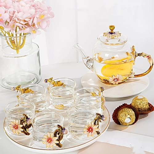 Fancy 6-Piece Glass Tea Set - Adults' Teapot, Kettle, and Cups - Pretty, 7-Piece Set