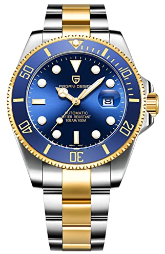 Pagani Design Luxus Herrenuhr - Automatisches mechanisches Japanisches Uhrwerk Wasserdicht 100M Tauchen Herrenuhr Saphirglas Edelstahl Business (Goldblau)