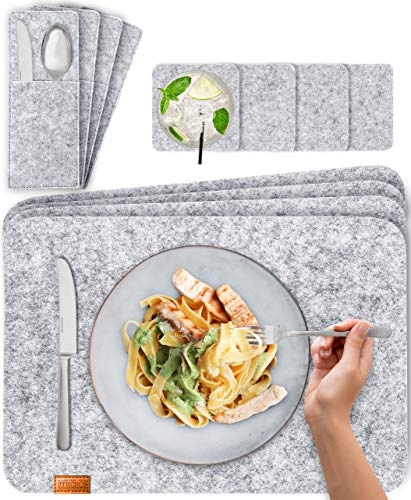 MIQIO Tischset aus Filz - 24er Tisch Untersetzer-Set - Filz Tischset abwaschbar - 8 Platzsets, Glasuntersetzer, Bestecktaschen | hellgrau | Filzuntersetzer eckig - Platzdeckchen für Weihnachten
