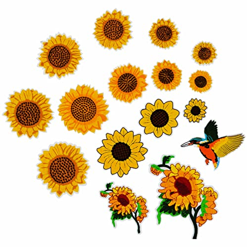 Surriba 16 Aufnäher Sonnenblume Aufkleber zum Aufbügeln Sticker Vogel Rucksack für Patches Bügelbilder Kinder Bügelflicken für DIY T-Shirt Jeans Bügelbild Gelb