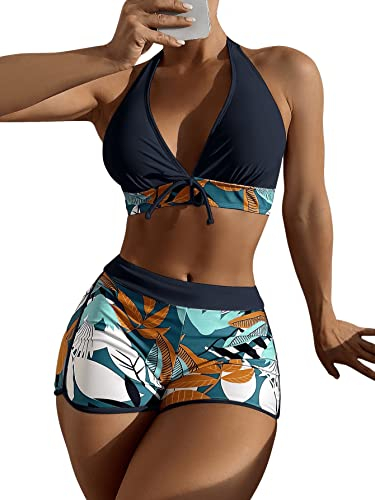 GORGLITTER Damen Neckholder Bikini Short Set Zweiteilliger Badeanzug Böhmisch Strandmode Swimmsuit mit Blatt Muster Blau M