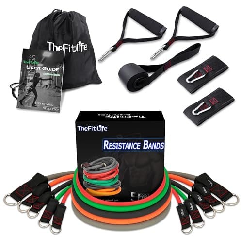 TheFitLife Exercise Resistance Bands with Handles - 5 Fitness Workout Bands Stackable up to 110/150 lbs, Training Tubes with Large Handles, Ankle Straps, Door Anchor Attachment, Carry Bag (250lbs)