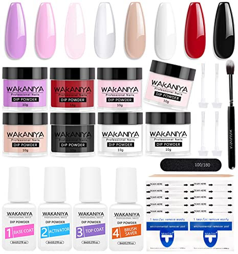 Dip Powder Nail Kit Starter, Wakaniya 8 Colors Clear White Nude Dipping Powder Nail Kit with Base Top Coat Activator Dip Manicure Kits, Quick Dry Dip Powder Set for DIY Home & Salon
