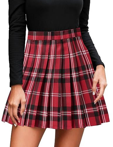 Damen Faltenrock Schulmädchen Solide Tennis Skaterröcke Basic Mini Rock Kurze Hohe Taille Schule Rock Kariert Rock Faltenröcke Minirock Kurz Skirt College Plaid Faltenrock Lässige (1-Red, XXL)