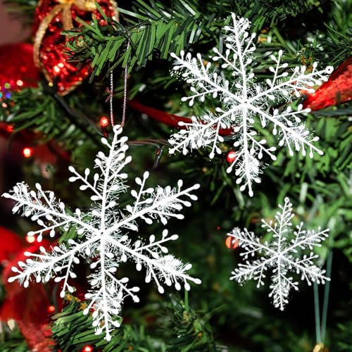 yuejuhe 36 Pezzi Fiocchi di Neve di Natale con Glitter, Fiocco di Neve Decorazione, Ornamenti Albero di Natale Bianco per Vacanze Festival del Partito (Bianco)