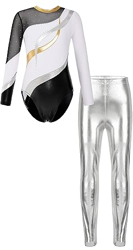 iEFiEL Mädchen Turnanzug Langarm Gymnastikanzug Langarm Leotard Metallic Tanzbody Glänzende Leggings Lang Sporthosen Weiß Silber 134-140