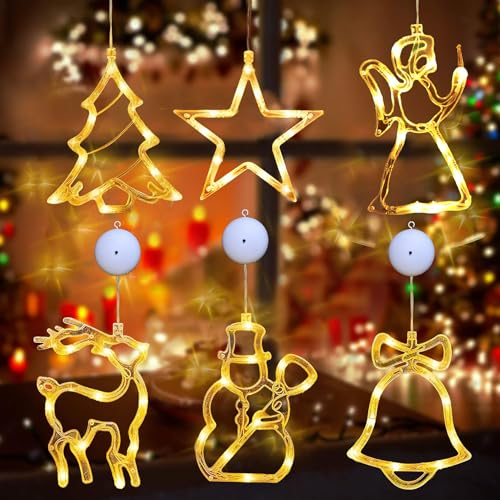 6 Piezas Luces LED de Navidad con Ventosa,Luces de ventana de Navidad Led,Luces de Navidad Interior LED a Pilas,para Decoración Fiestas Navideñas Interiores Exteriores