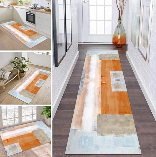 Teppich Läufer Flur Küche rutschfest waschbar Teppichläufer Lang 60X110CM Orange Braun Blau Modern Design Meterware Korridor Tepiche Esszimmer Schlafzimmer Wohnzimmer Schmutzfangmatte Küchenteppich