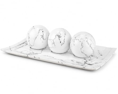 Weißes Heimdekor-Tablett und Kugel-Set, Couchtisch-Dekoration für Wohnzimmer, Tischdekorationen für Esstisch, Küchentheke, Foyer, Eingangsdekoration, elegante Hausdekoration (Marmor-Optik)