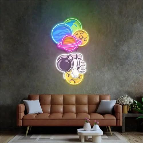 FINOTI Planet Print LED Neon Light Sign Astronaut Spaceship LED Neon Sign Astronaut LED Light Up Sign Bedroom Bar Club Teen Room Art Home Gaming Room Wall Decoration With Switch,80cm