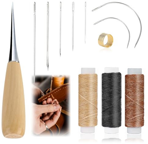 12 Pcs Leather Sewing Needle Set, 12m Waxed Thread Hand Sewing Book Binding Thimble Leather Repair Kit, Upholstery Repair Leather Curved Needle Kit for DIY Hand Stitching Carpet Furs Canvas Repair