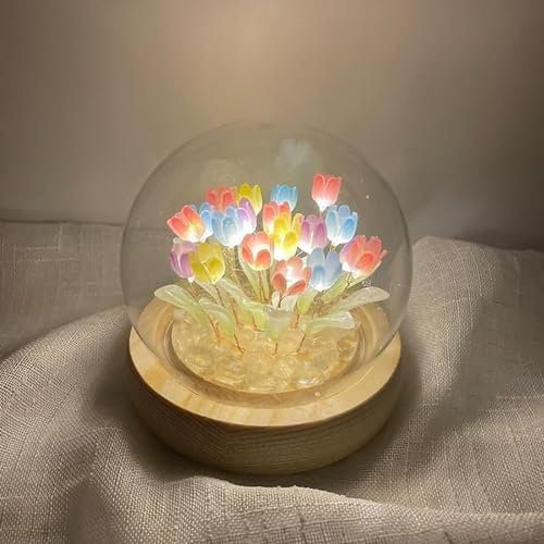 DINOWIN Tulpe Nachtlicht Blume Glaskugel Nachtlicht mit Holzsockel Tulpen Lampen für Weihnachten, Geburtstag, Jahrestag, Hochzeit (Multi, 20 Blume)
