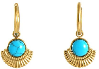 Boho Turquoise Dangle Earrings for Women Girls 18k Gold Plated Hypoallergenic Stainless Steel Bohemian Hoop Earring Vintage Blue Turquoise Birthstone Fan Shaped Birthday Lightweight Jewellery