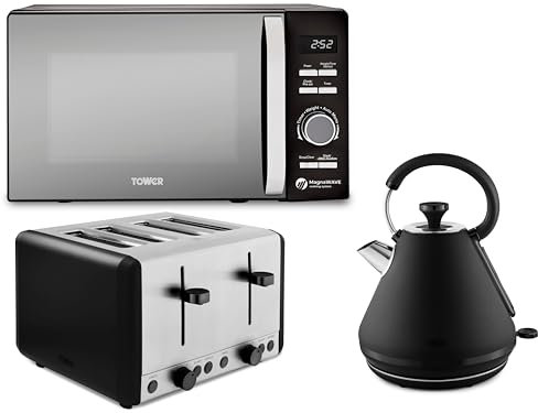 Tower Sera Black 1.7L 3KW Kettle, 4 Slice Toaster & Renaissance 800W 20L Microwave. Contemporary Matching Tower Kettle, Toaster & Microwave Bundle Set in Black