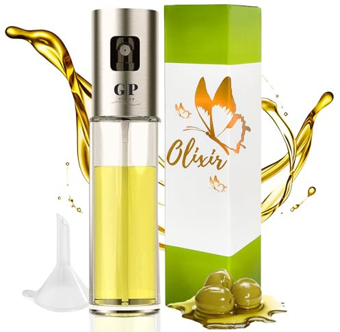 OLIXIR® Pulverizador Aceite Spray Cocina 100ml – Rociador de Cristal y Acero Inoxidable para Air Fryer – Vaporizador Aceite Oliva Dosificador Reutilizable para Freidora de Aire, Ensaladas y Parrilla