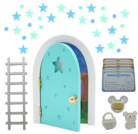 Qué Kawaii® puerta (Turquesa) Ratoncito Pérez que abre y brilla con universo de estrellas y planetas. Certificados y complementos de resina. Bolsa crochet (hecha a mano). Pura magia.