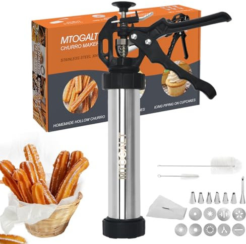 MTOGALT Churro Maker Machine, 21-Piece Stainless Steel Churro Gun Kit, Churros Maker Gun, Cookie Press Set, Hollow Churro, Spritz Cookie Press Gun with Piping Bag, Filler, 6 Tips, 9 Discs, 2 Brushes