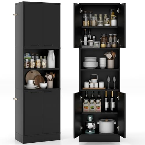 COSTWAY Buffet Cuisine Haut 190 cm, Meuble Cuisine Rangement, 2 Placard Rangement, 2 Doubles Portes, 6 Etagères, Kits Anti-Basculement, Vaisselier, Armoire Rangement pour Salle de Bain (Noir)